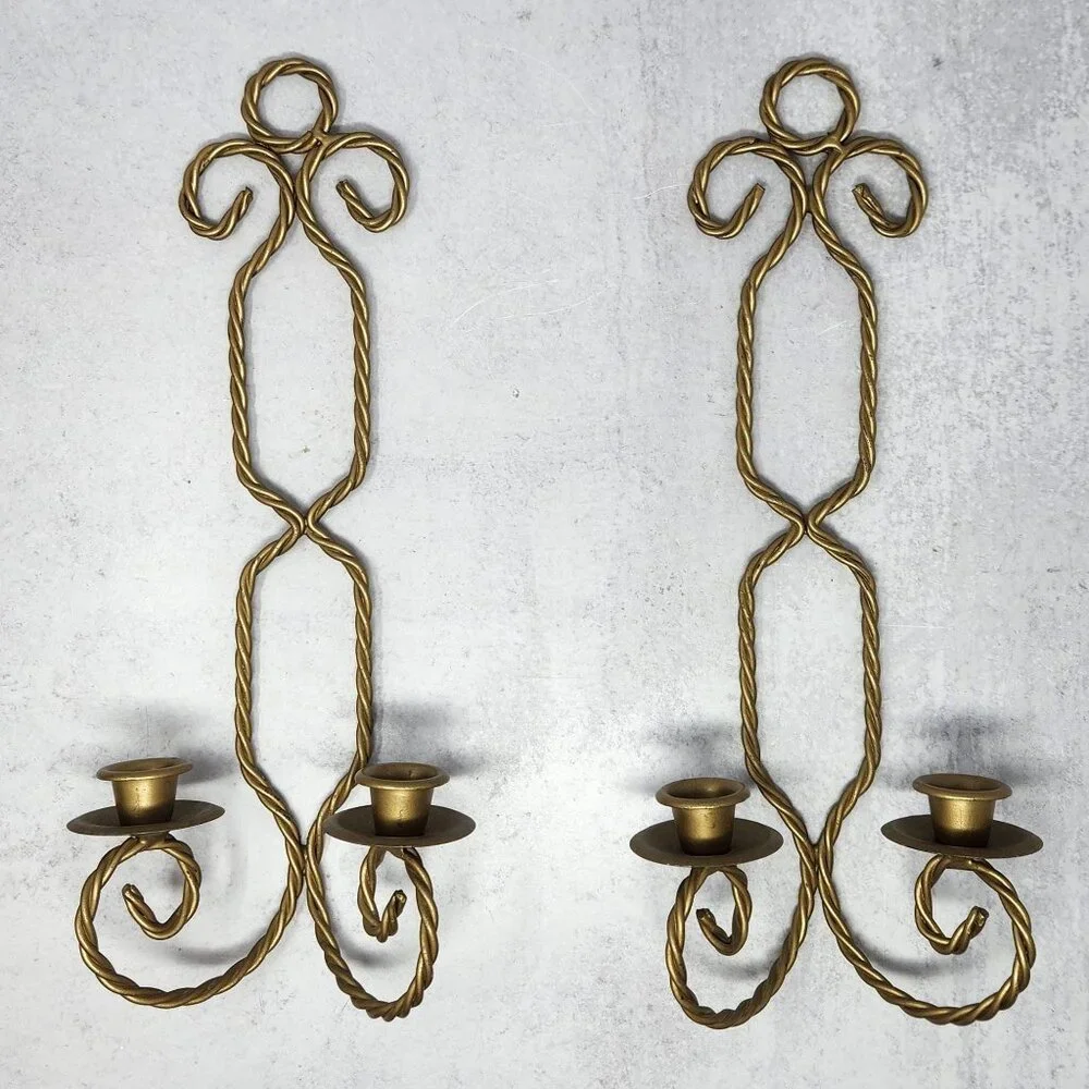 Vintage Pair Mid-Century Gold Brass Twisted Rope Wire Candle Holders MCM‎ Candle